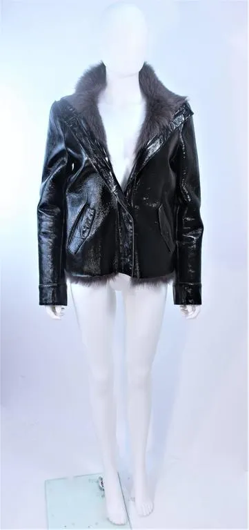 COSTUME NATIONAL Black Patent Leather Gray Goat Jacket Size 6-8