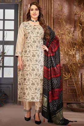 Cream Thread and Sequins work Straight Cut Salwar Suit with Bandini Print Dupatta