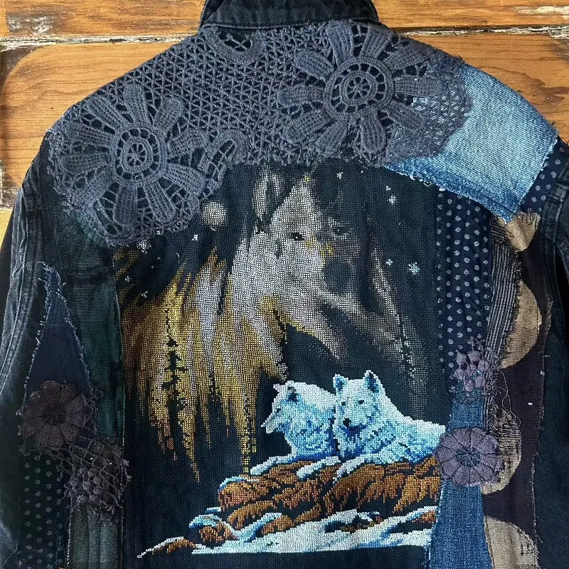 Crop style Denim Jacket with Wolves applique