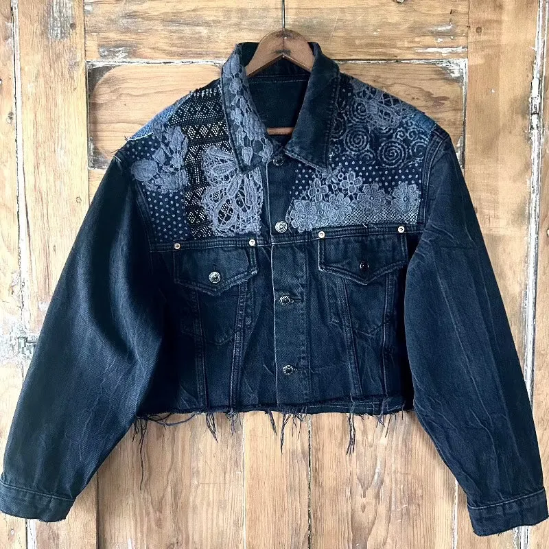 Crop style Denim Jacket with Wolves applique