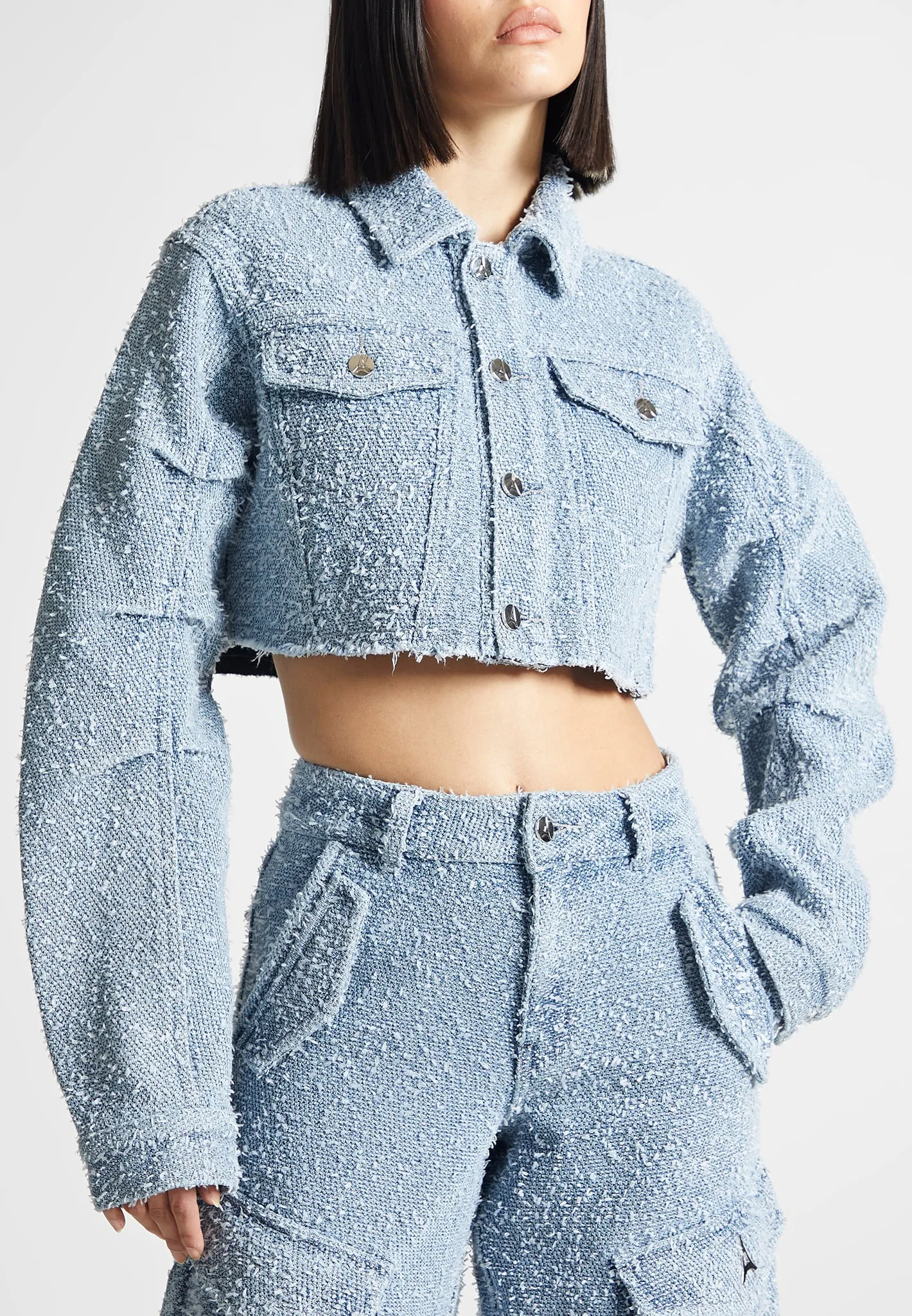 Cropped Boucle Denim Jacket - Mid Blue