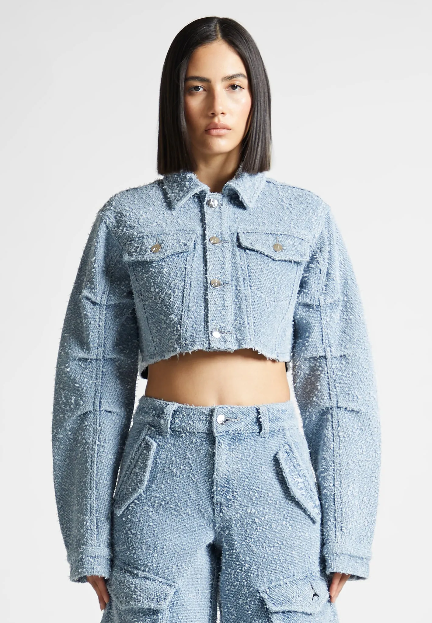 Cropped Boucle Denim Jacket - Mid Blue