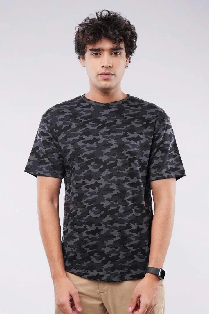 Curved Hem Camouflage T-Shirt - Black & Grey