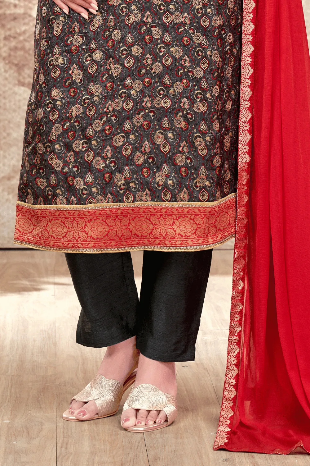 Dark Grey Banaras, Mirror, Sequins and Beads work with Digital Print Straight Cut Salwar Suit