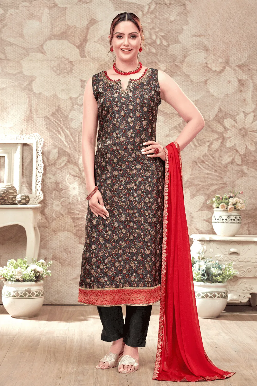 Dark Grey Banaras, Mirror, Sequins and Beads work with Digital Print Straight Cut Salwar Suit