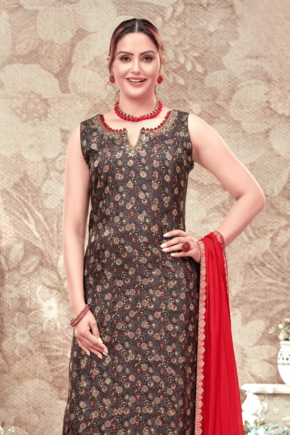 Dark Grey Banaras, Mirror, Sequins and Beads work with Digital Print Straight Cut Salwar Suit