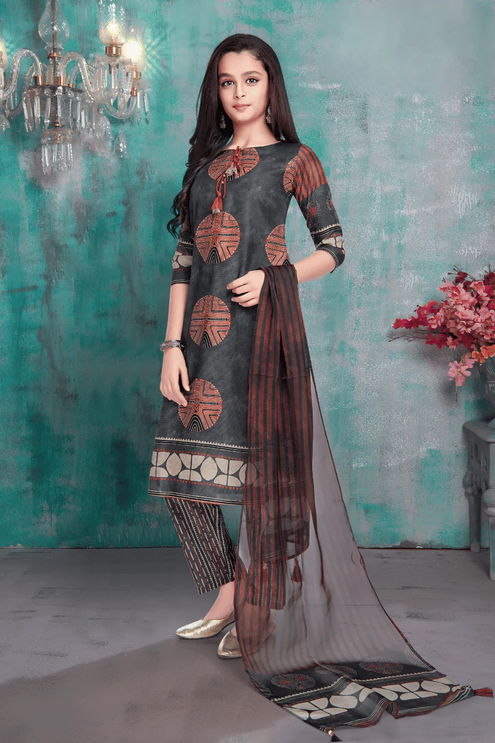 Dark Grey with Printed Straight Cut Salwar Suit for Girls