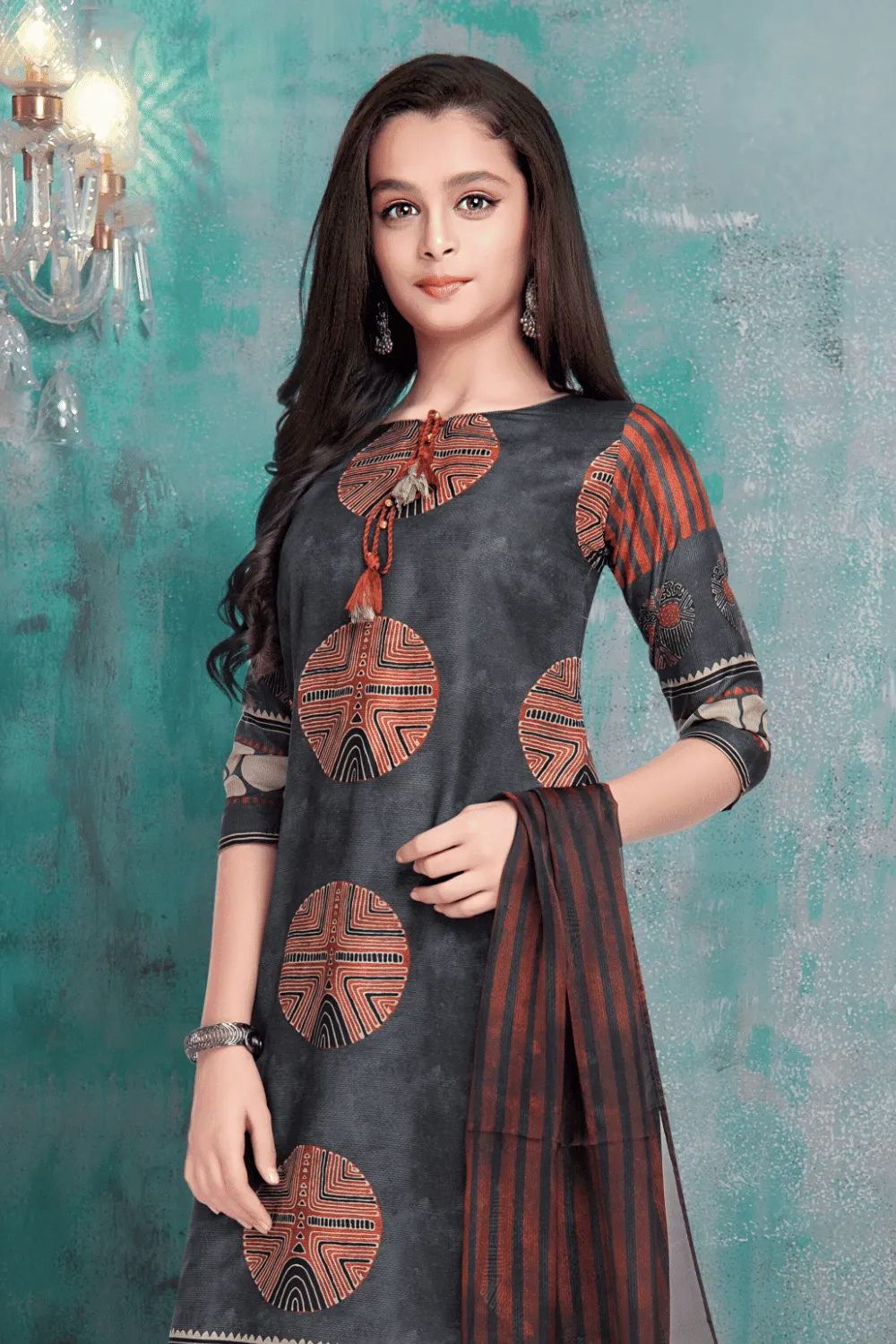 Dark Grey with Printed Straight Cut Salwar Suit for Girls