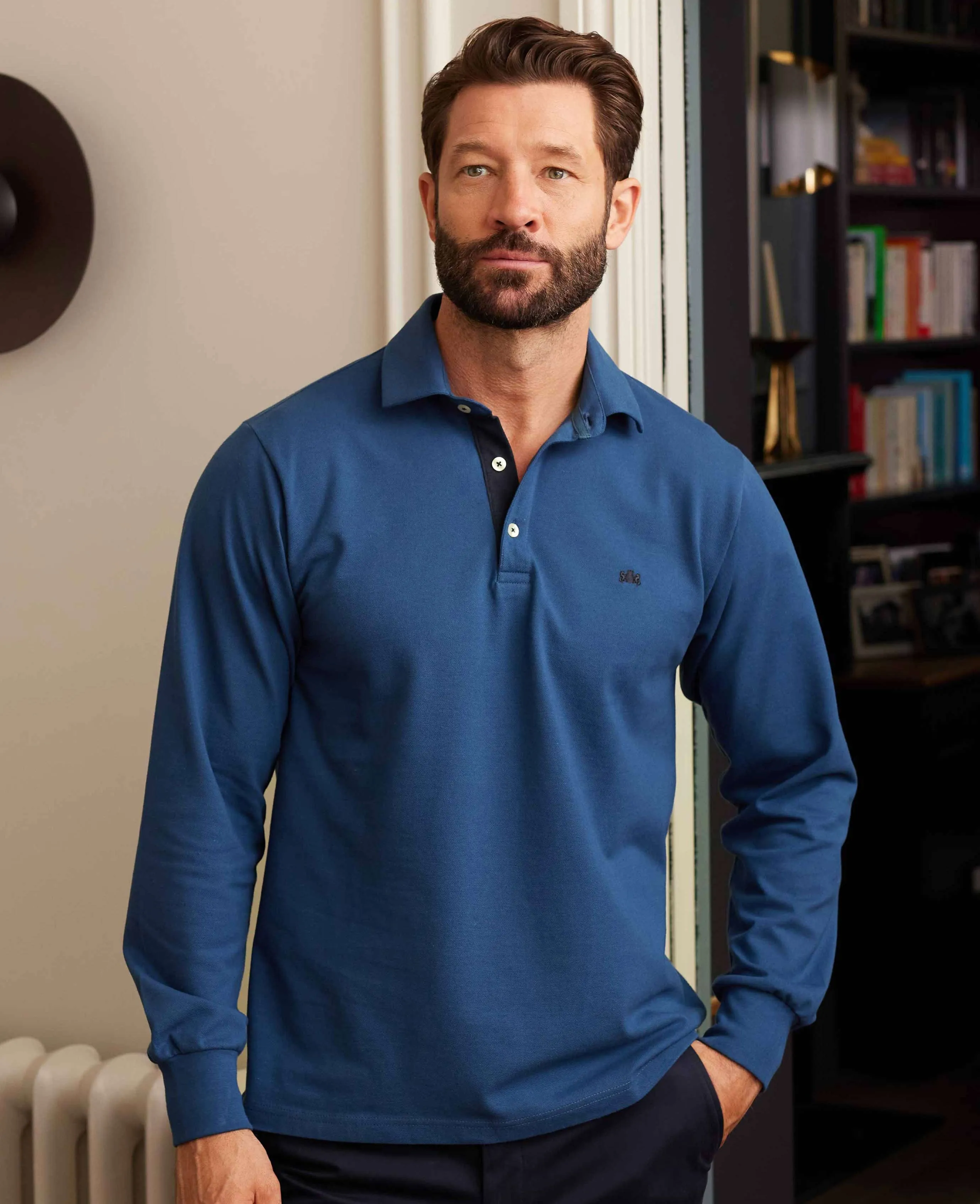 Denim Blue Long Sleeve Polo Shirt