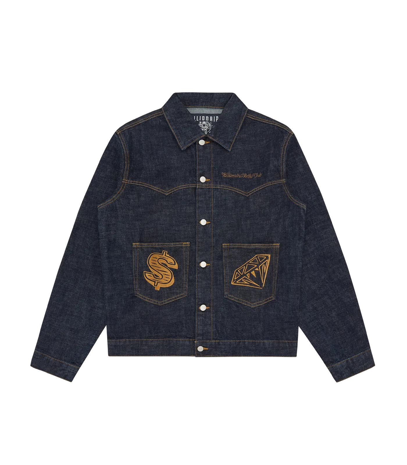 Indigo Selvedge Denim Jacket with Diamonds & Dollars Embellishments