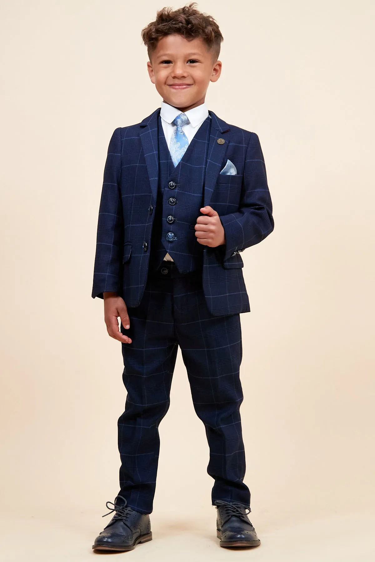 EDINSON - Children's Navy Sky Check Print Three Piece Suit