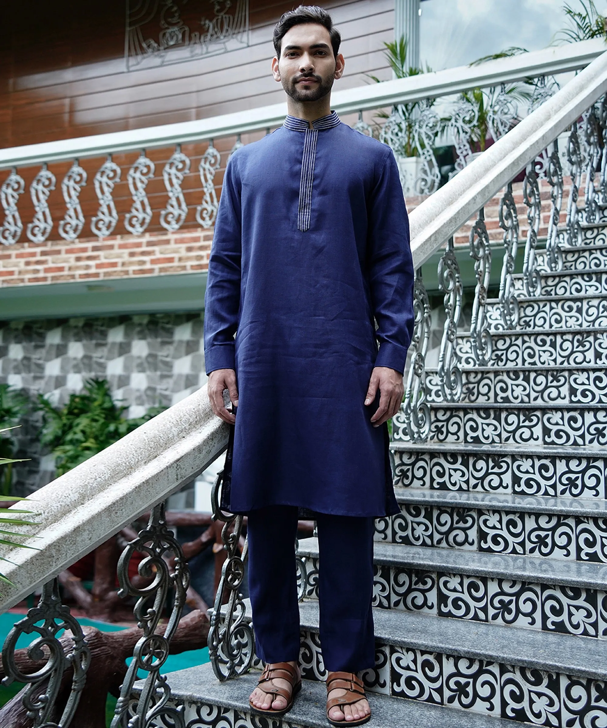 Egyptian Blue Linen Kurta Pyjama Set