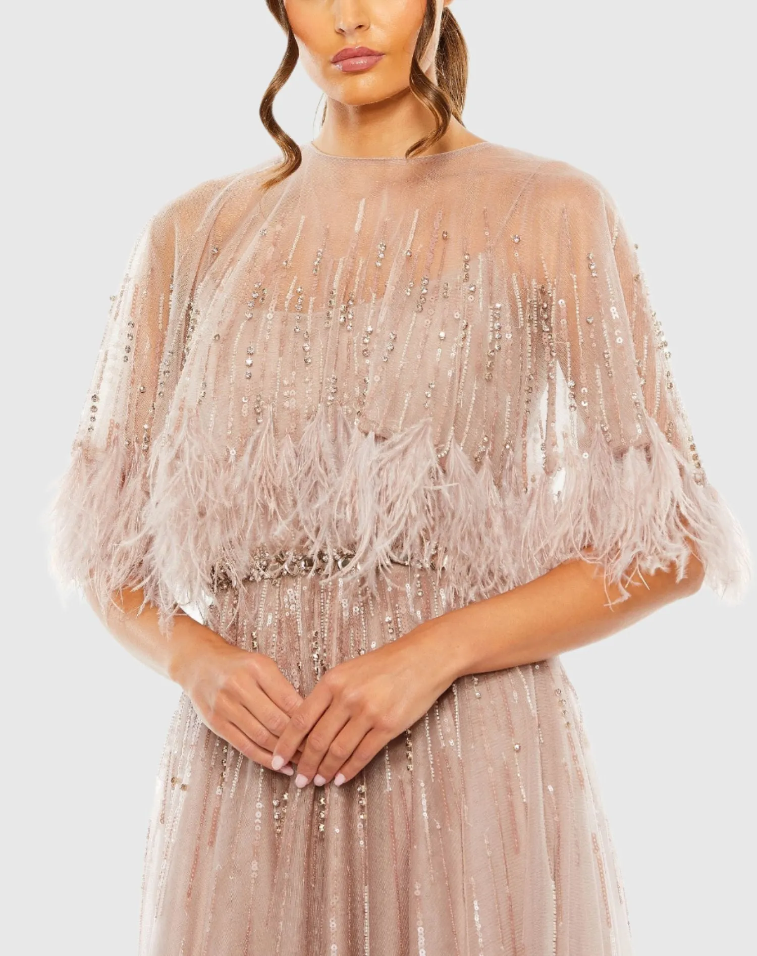 Embellished A Line Dress with Feather Detail Cape