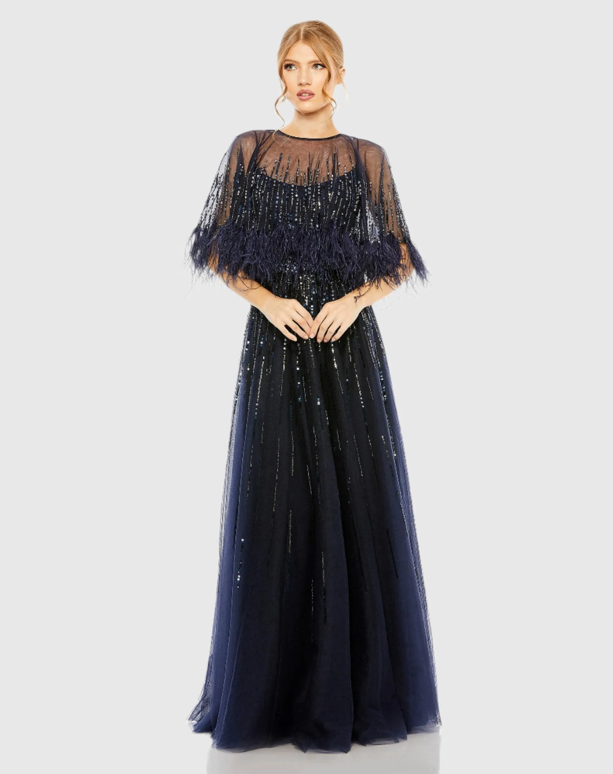 Embellished A Line Dress with Feather Detail Cape