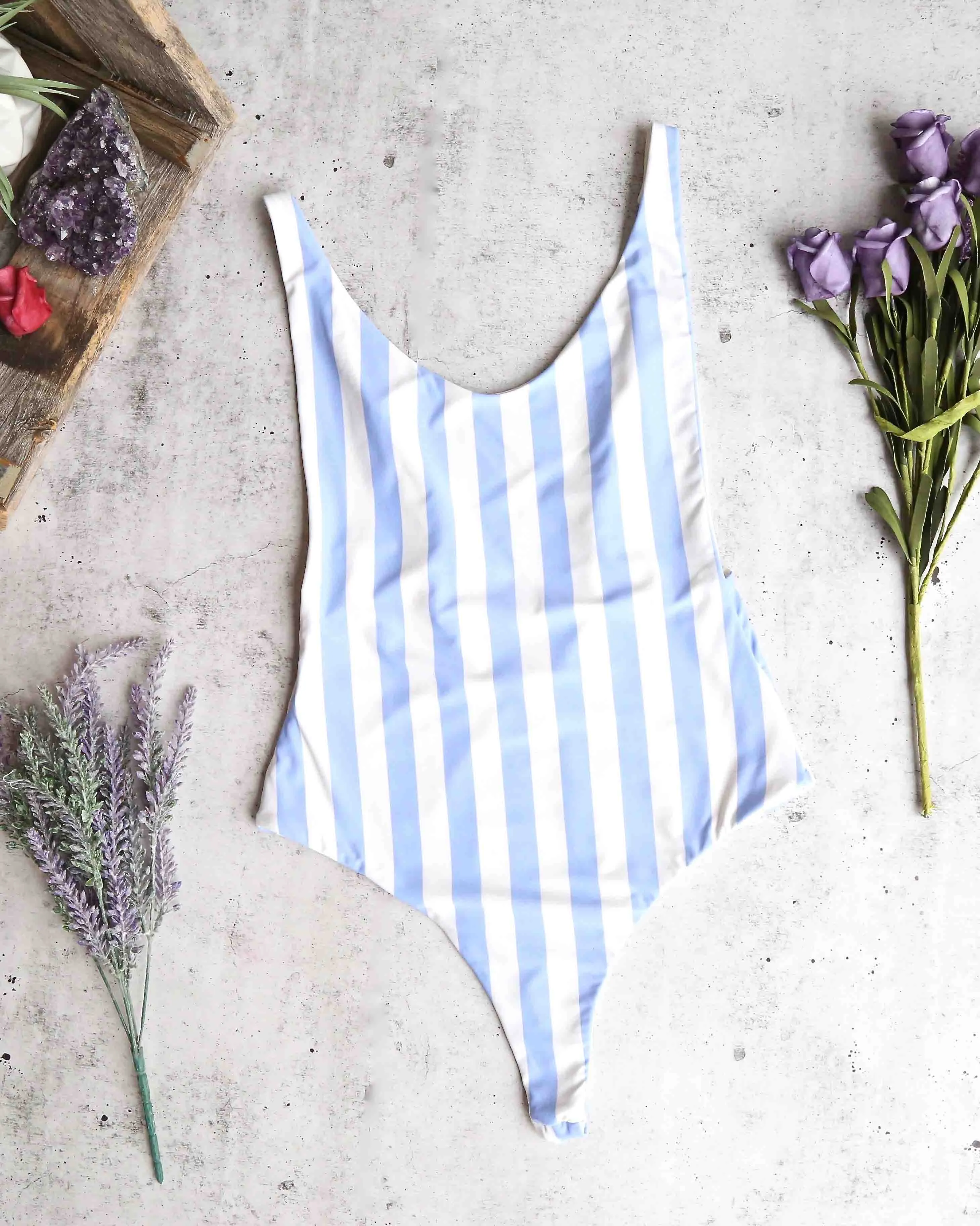 Final Sale - Dippin' Daisy - Seamless High Cut Vintage Thong One Piece - Sky Stripes