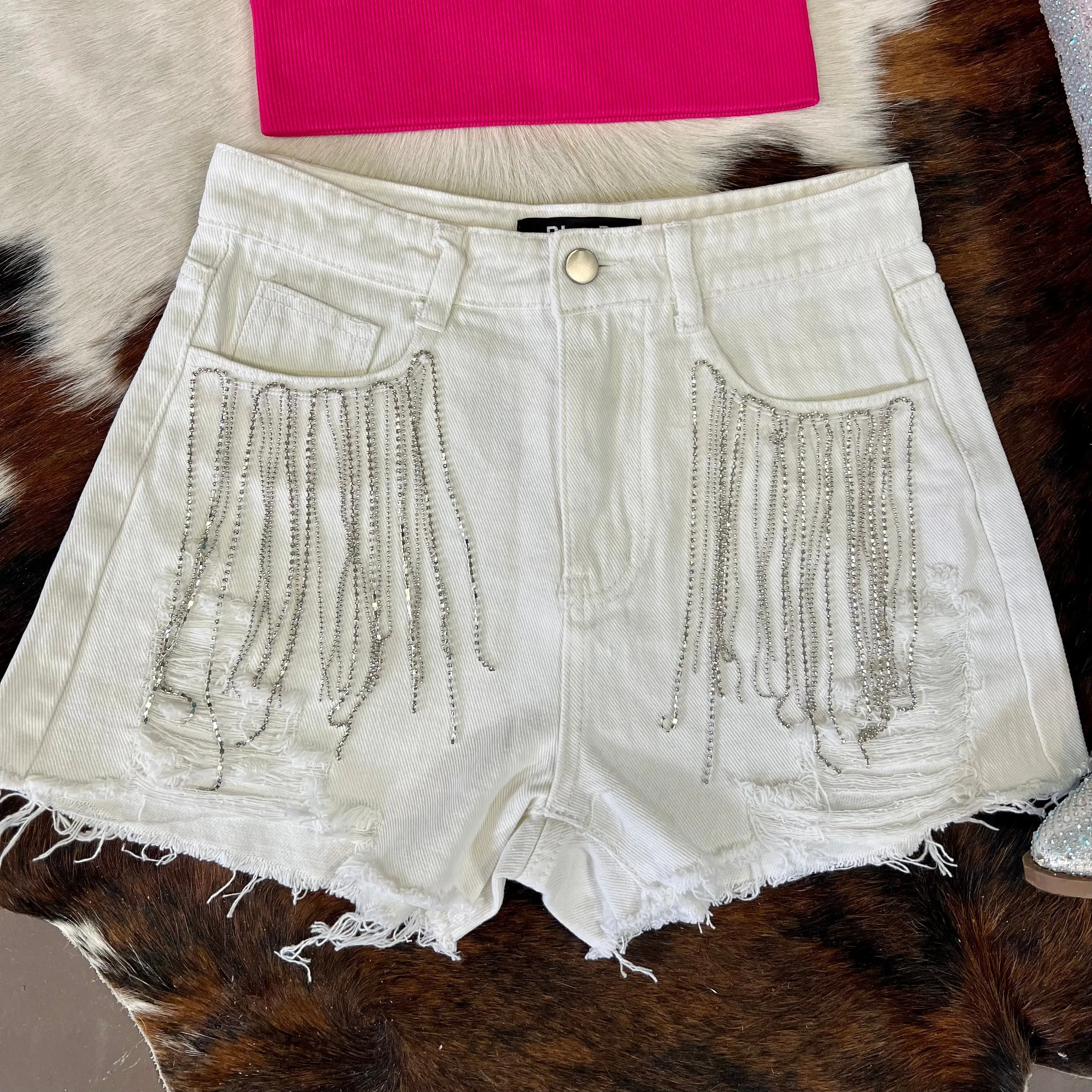 Finalist Round Rhinestone Shorts White*