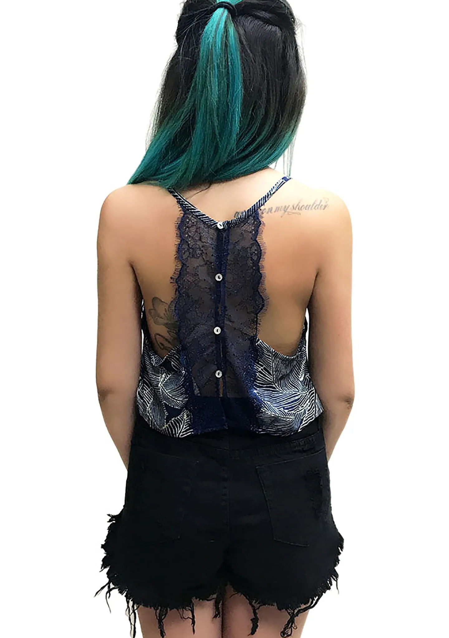 Floral Lace Crop Tank Top in Navy