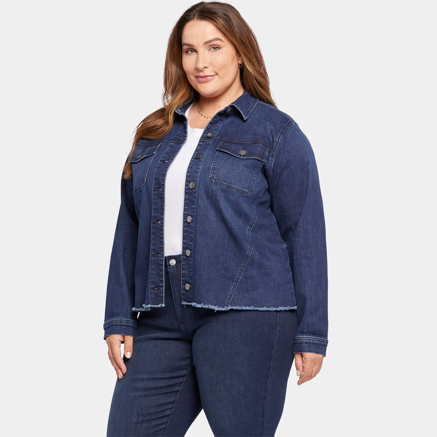 Frayed Hem Denim Jacket In Plus Size - Underground