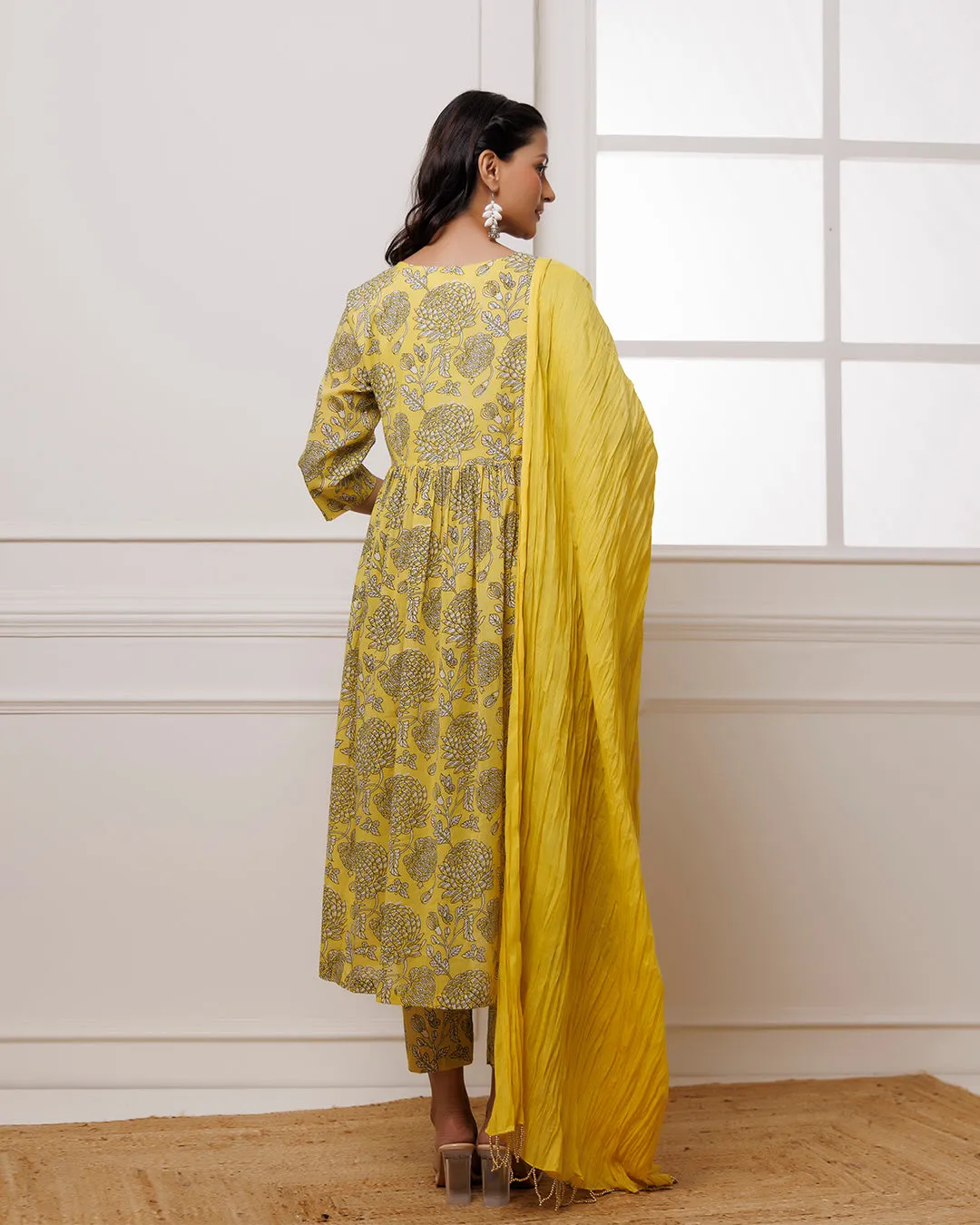 Ghazal Mustard Dabu Hand Block Printed Mul Gathered Suit Set