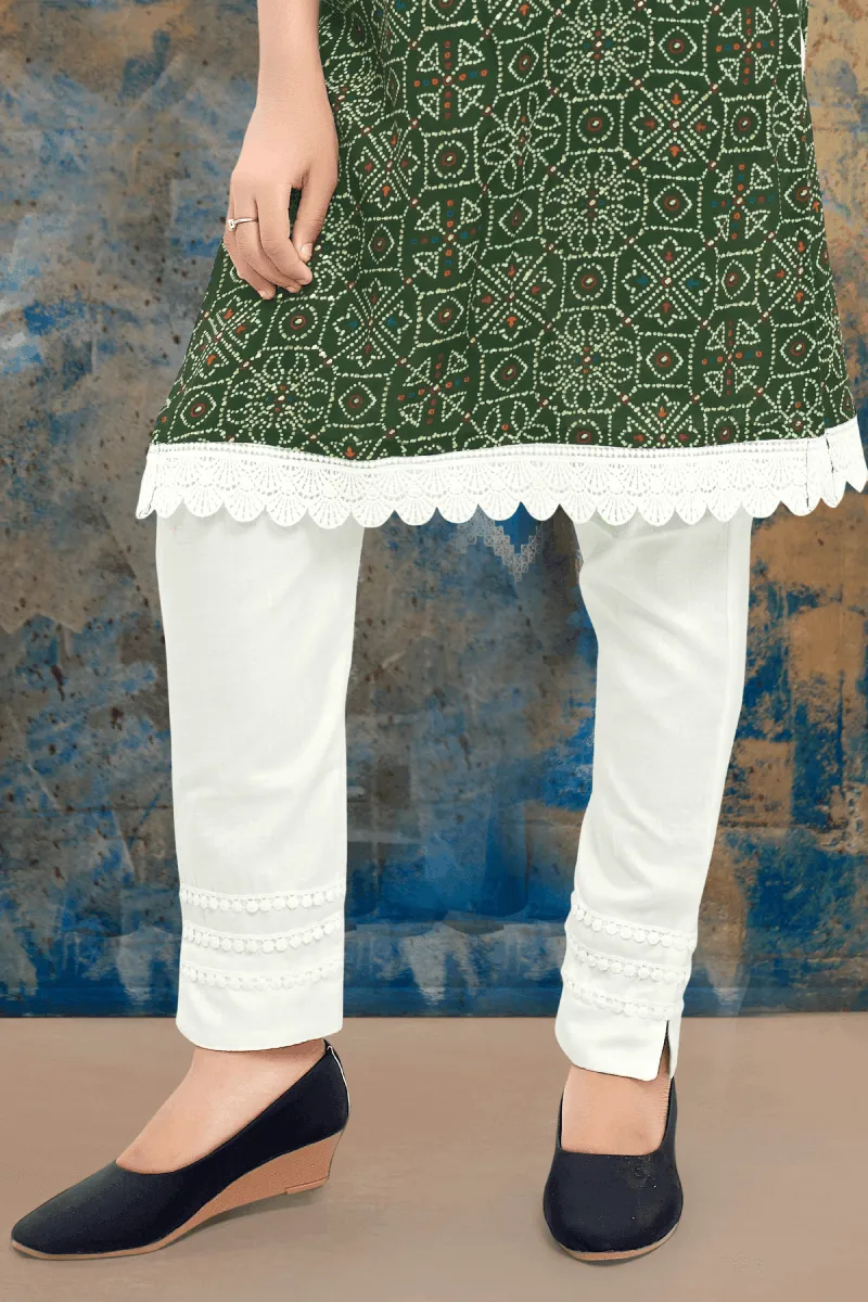 Green and White Bandini Print Salwar Suit for Girls