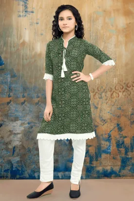 Green and White Bandini Print Salwar Suit for Girls