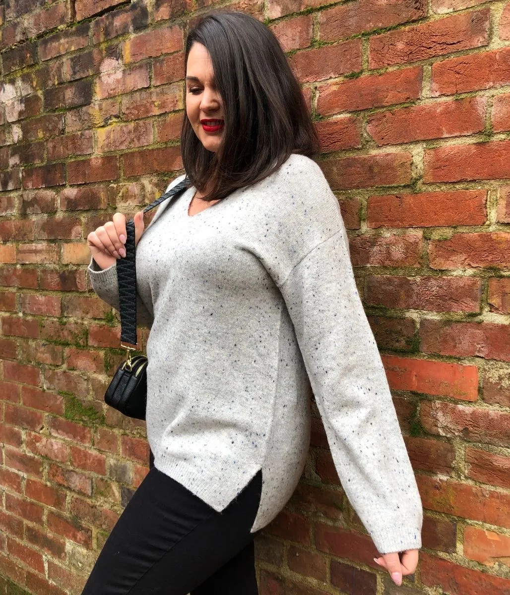 Grey Flecked Relaxed V Neck Jumper