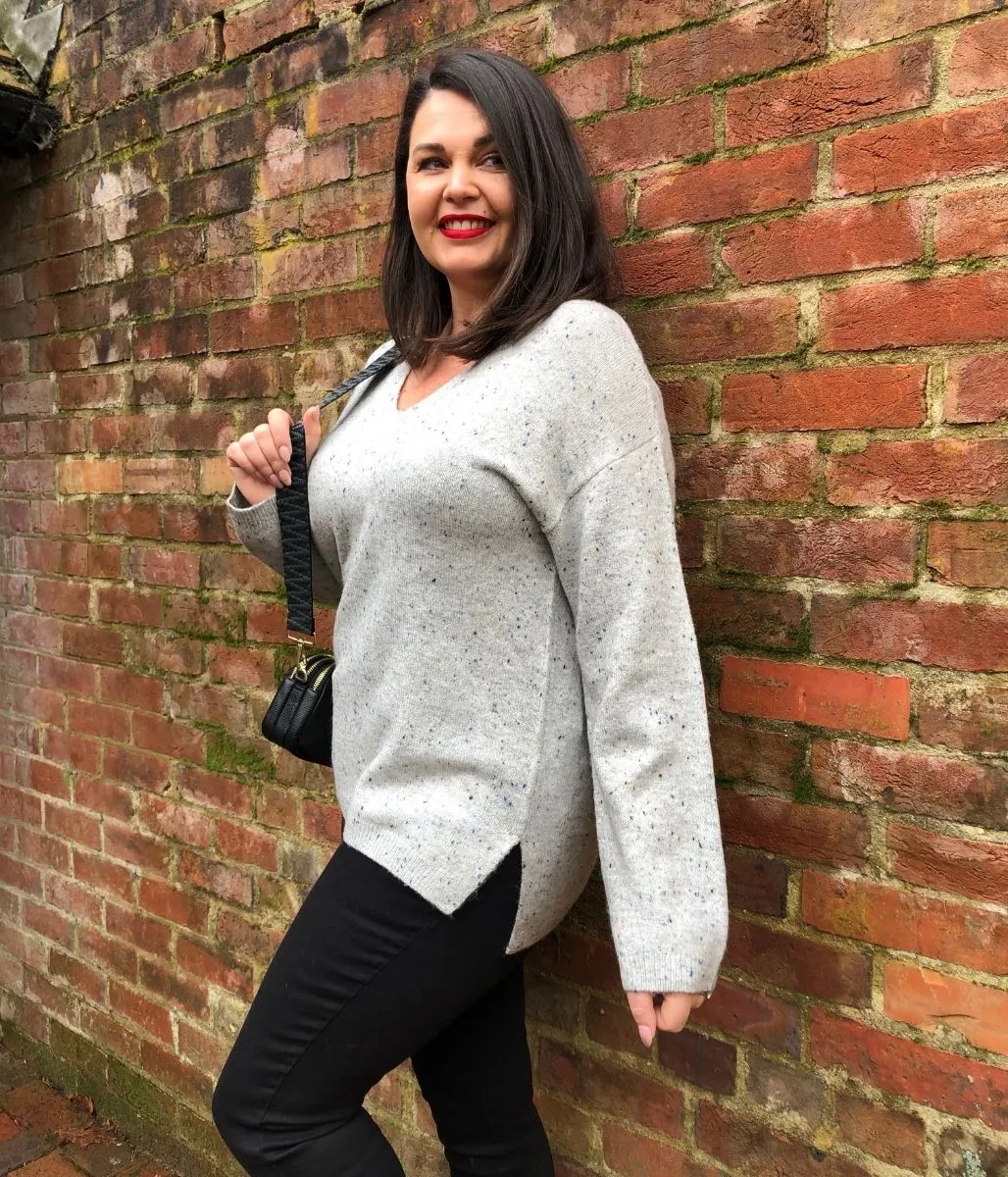 Grey Flecked Relaxed V Neck Jumper