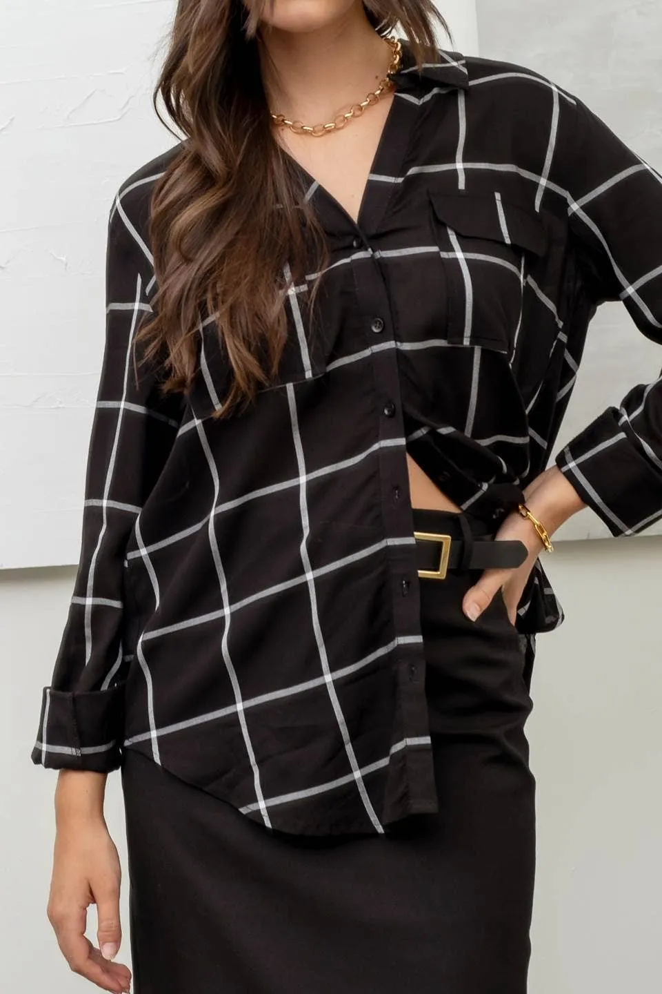 GRID BUTTON UP WOVEN TOP