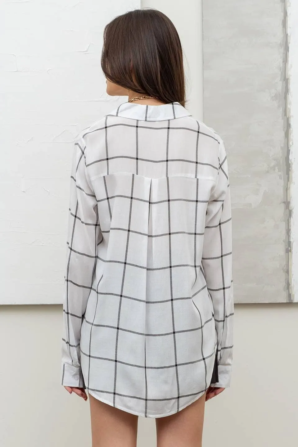 GRID BUTTON UP WOVEN TOP