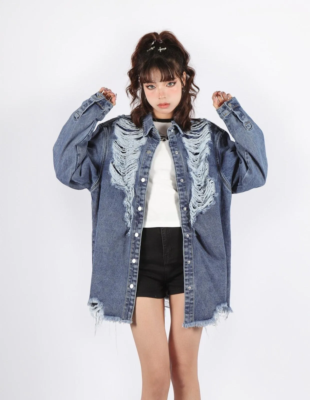 Grunge Distressed Long Denim Jacket