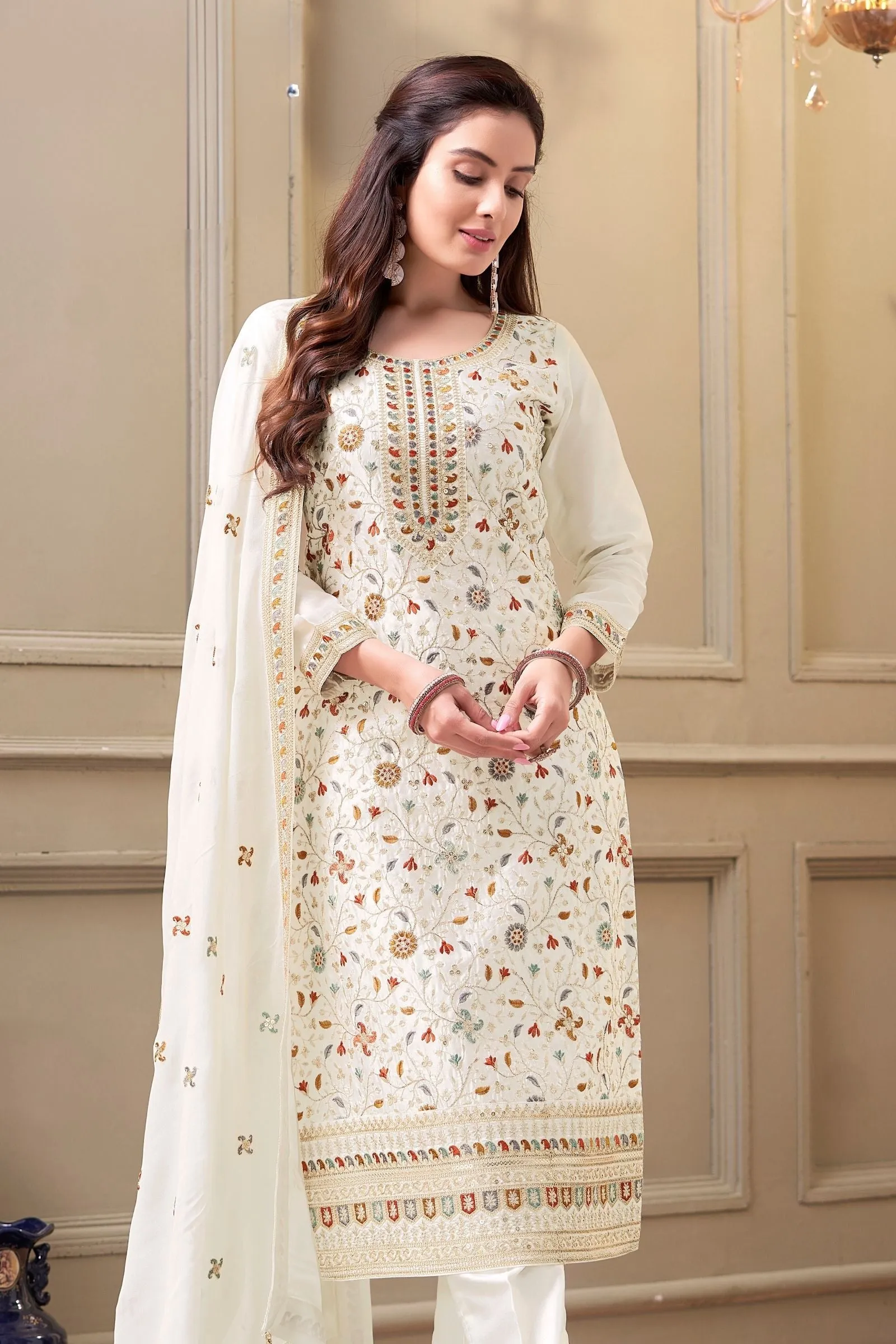 Half White Zari, Sequins and Multicolor Thread work Straight Cut Salwar Suit