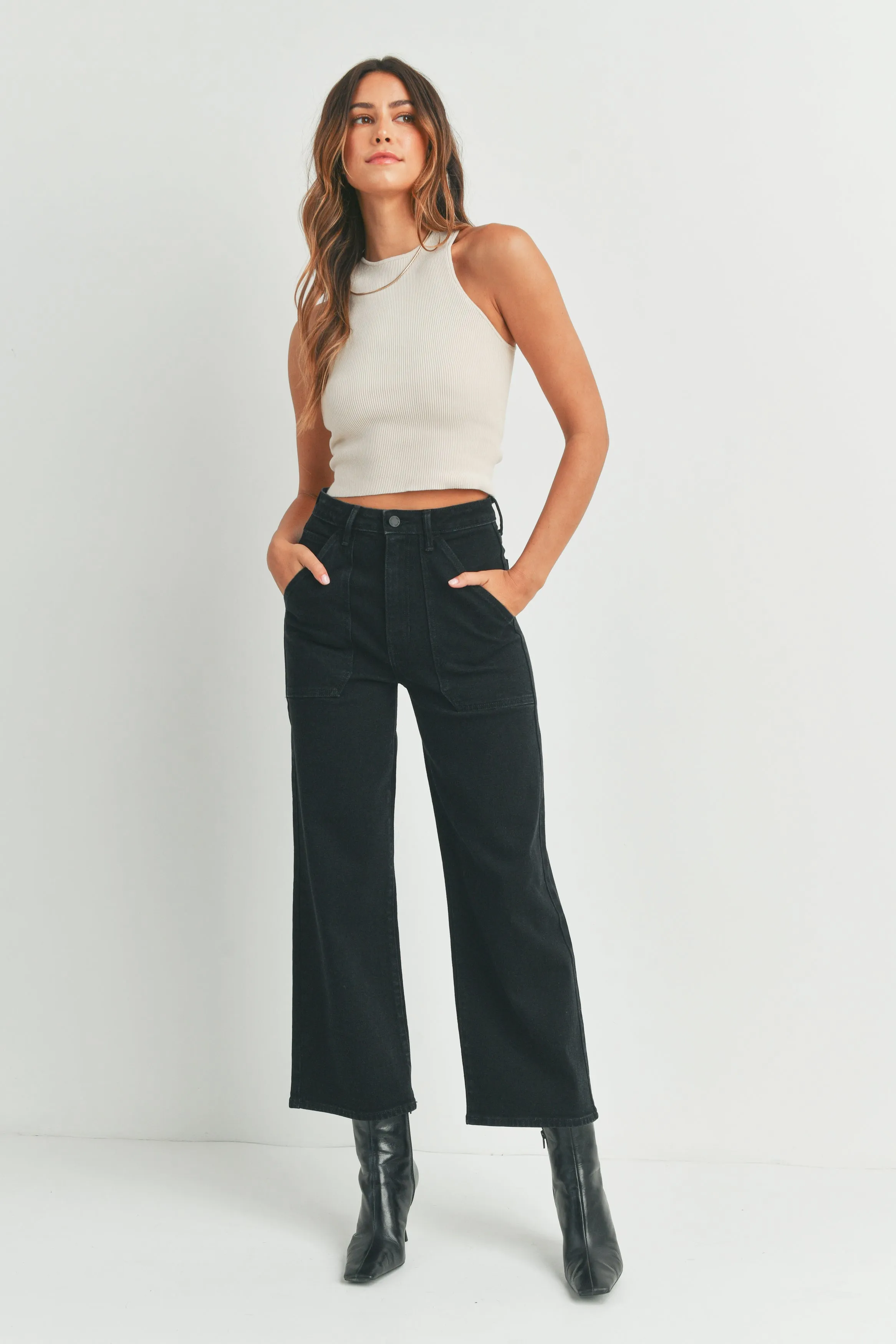 Jean taille haute poches cargo wide leg noir