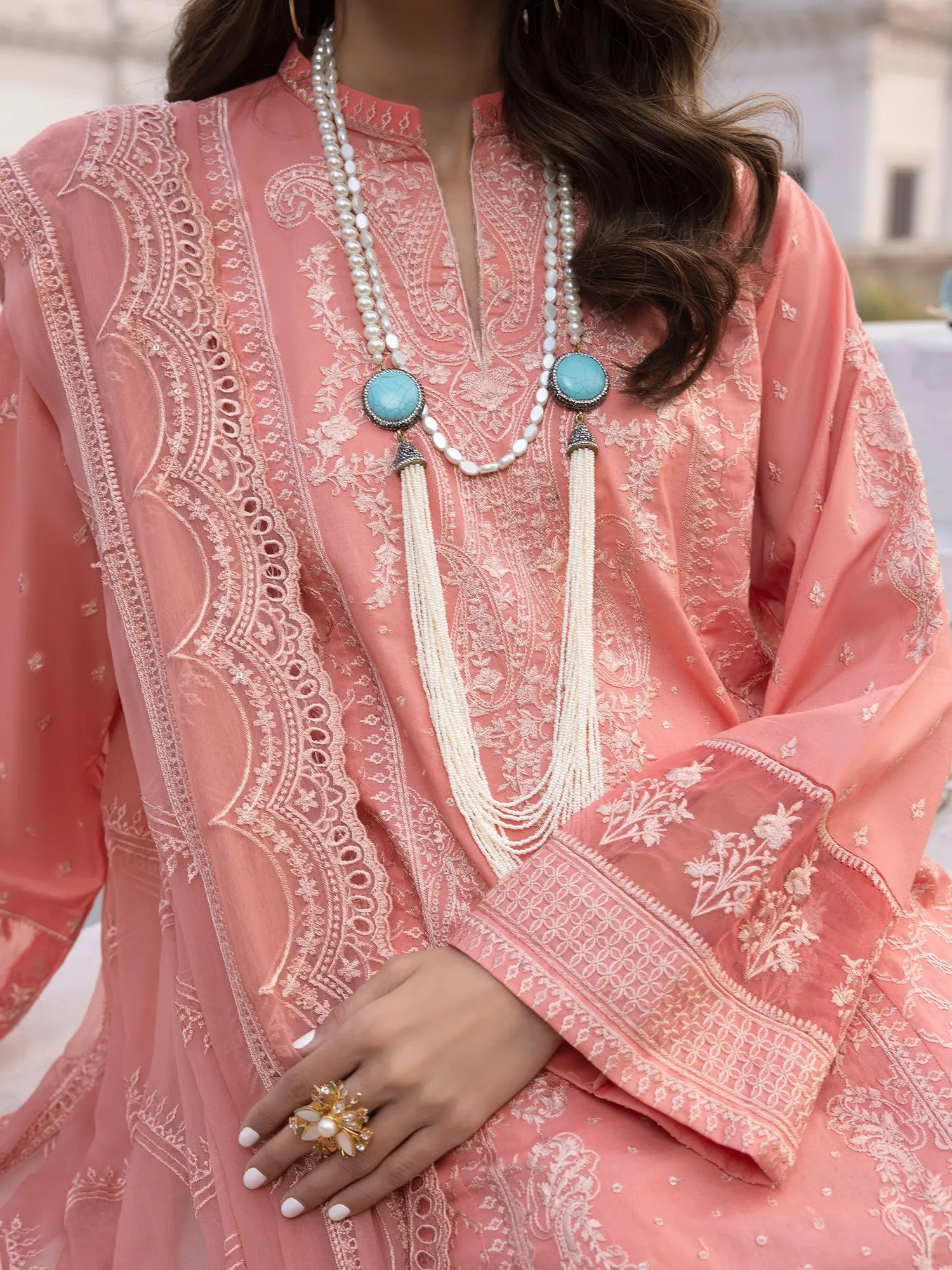 Lakhany Peach Unstitched Embroidered Lawn 3-Piece Suit (LG-SR-0177)