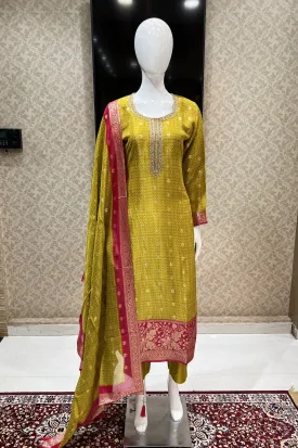 Lemon Green Banaras and Sequins work Organza Straight Cut Salwar Suit