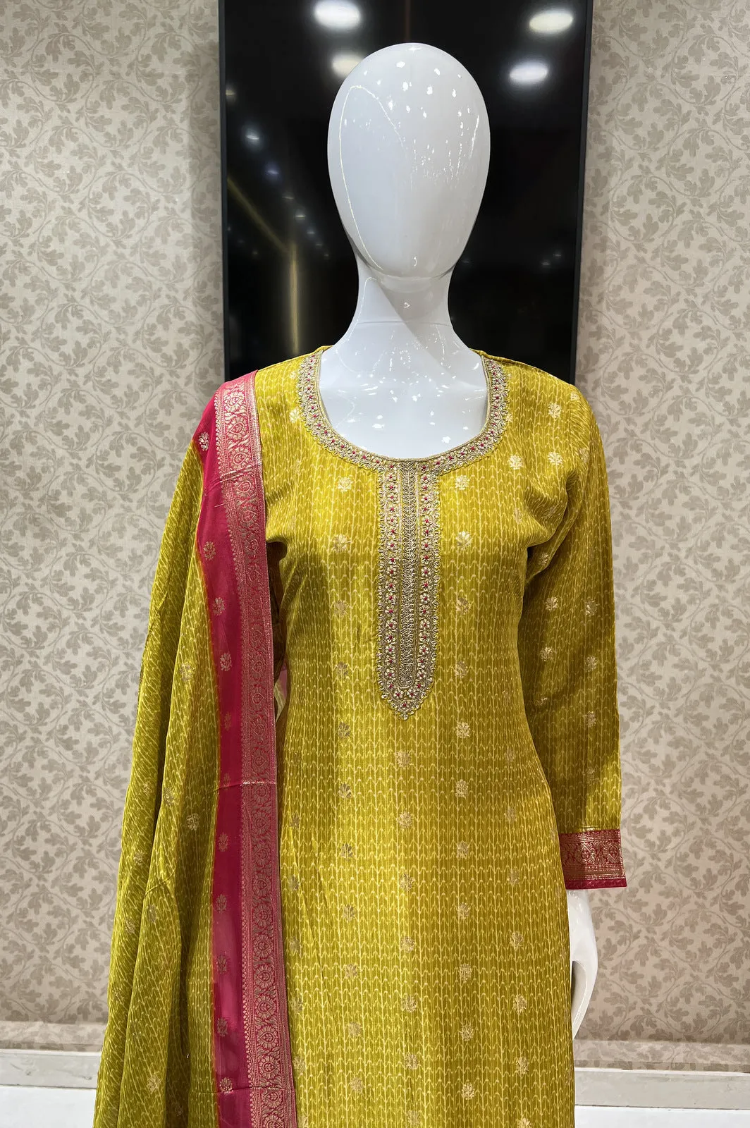 Lemon Green Banaras and Sequins work Organza Straight Cut Salwar Suit