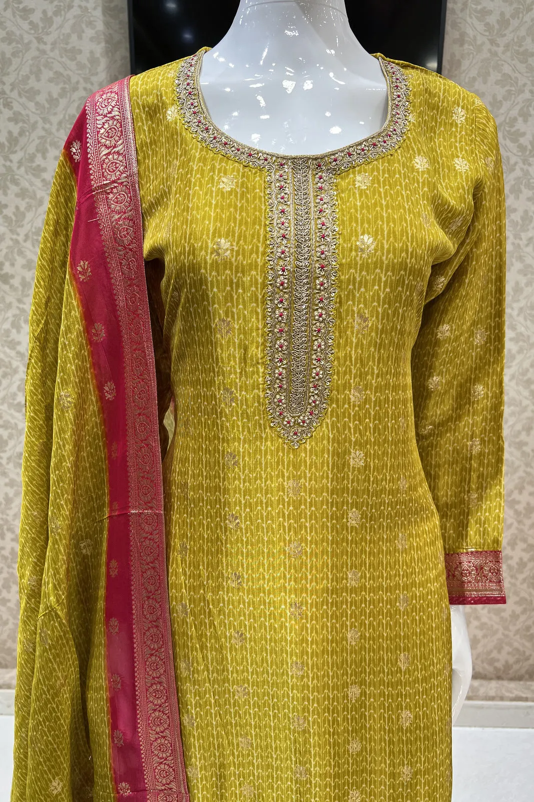 Lemon Green Banaras and Sequins work Organza Straight Cut Salwar Suit