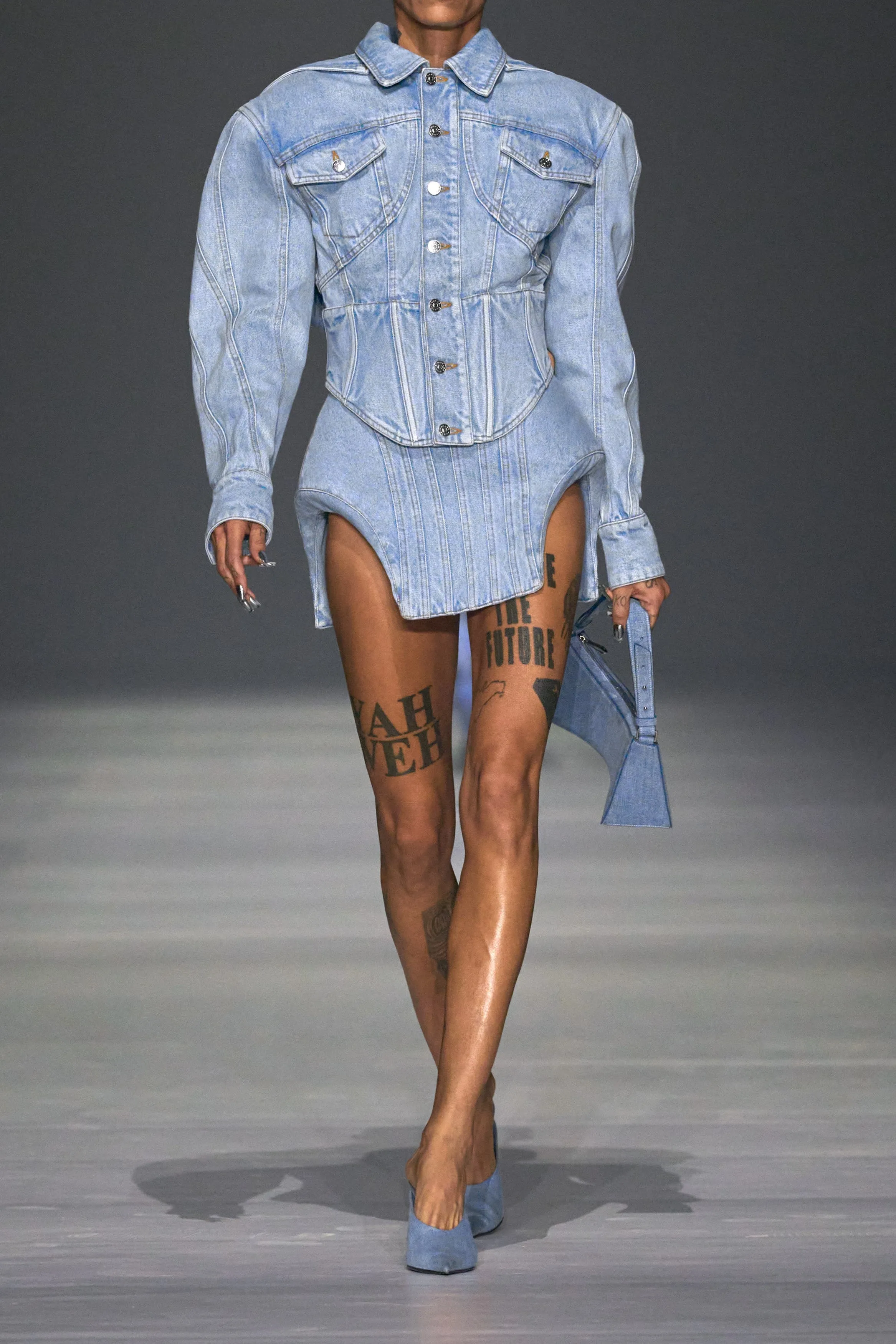 light blue corseted denim jacket