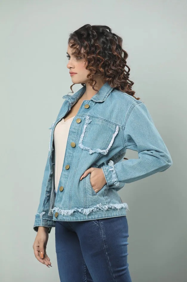 LIGHT BLUE RAW EDGE DENIM JACKET