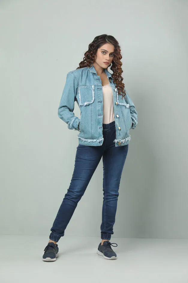 LIGHT BLUE RAW EDGE DENIM JACKET