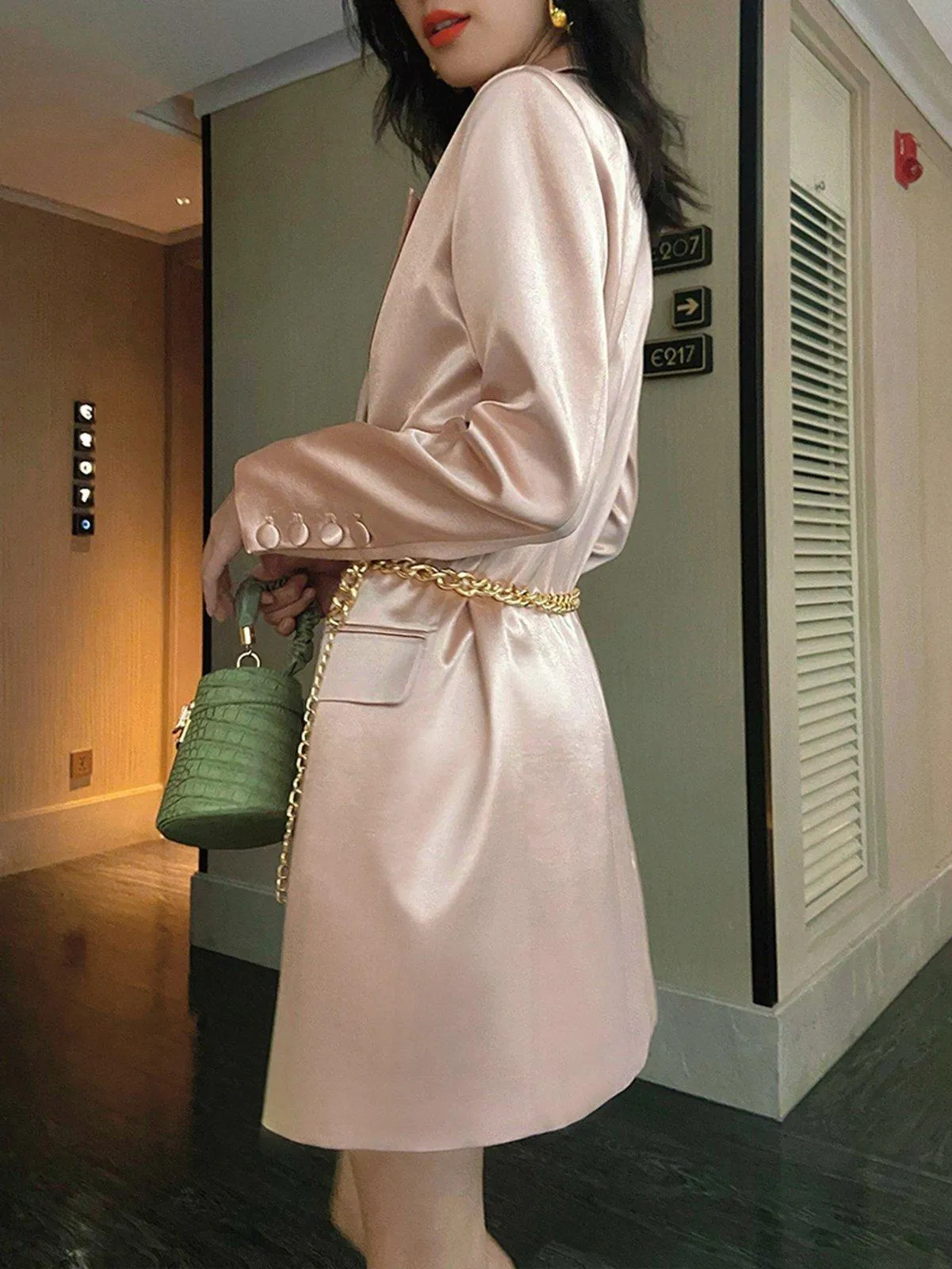 Light Pink Double Breasted Chain Thigh Length Blazer