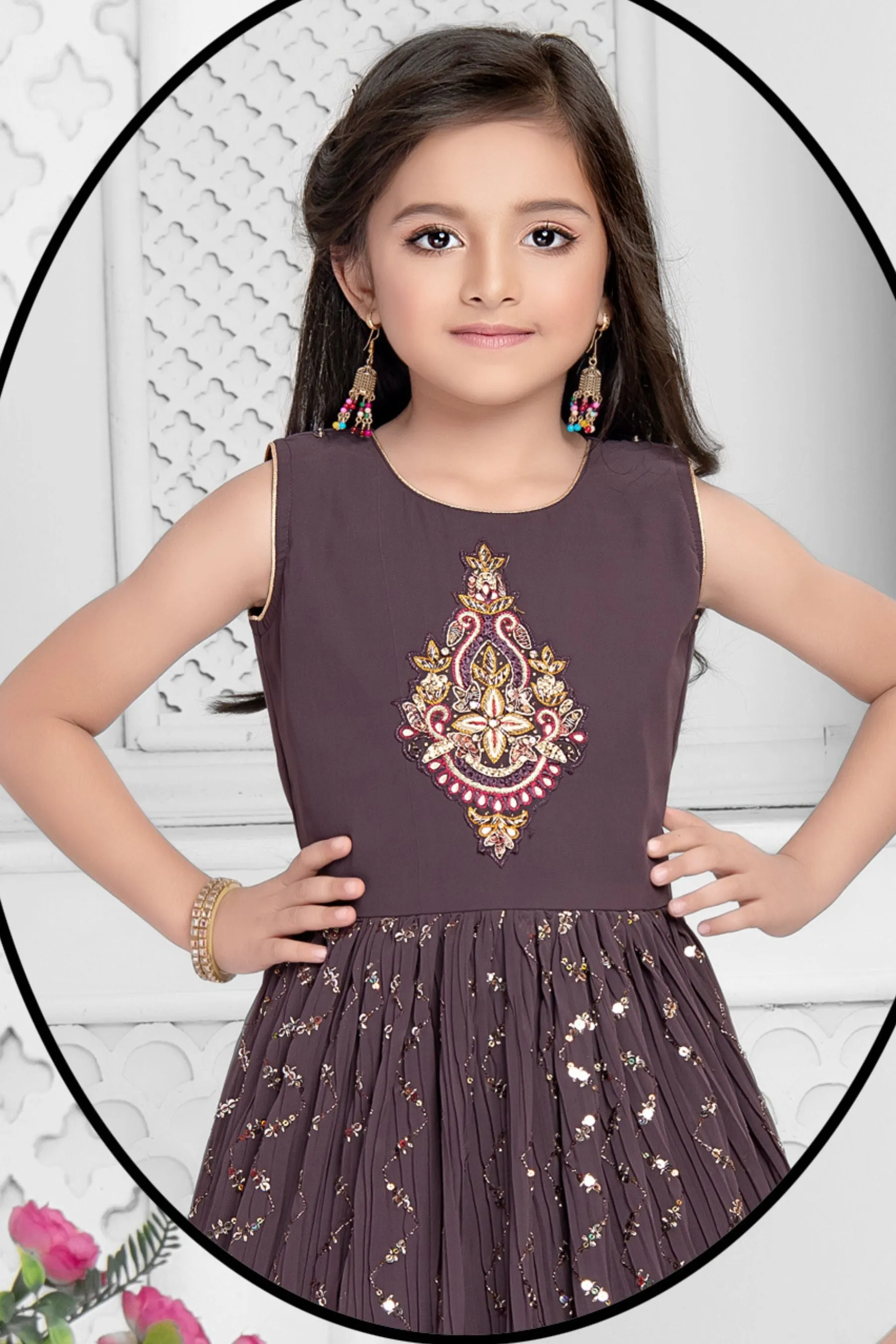 Lilac Multicolor Embroidery, Sequins and Zari work Jacket Styled Long Party Gown for Girls