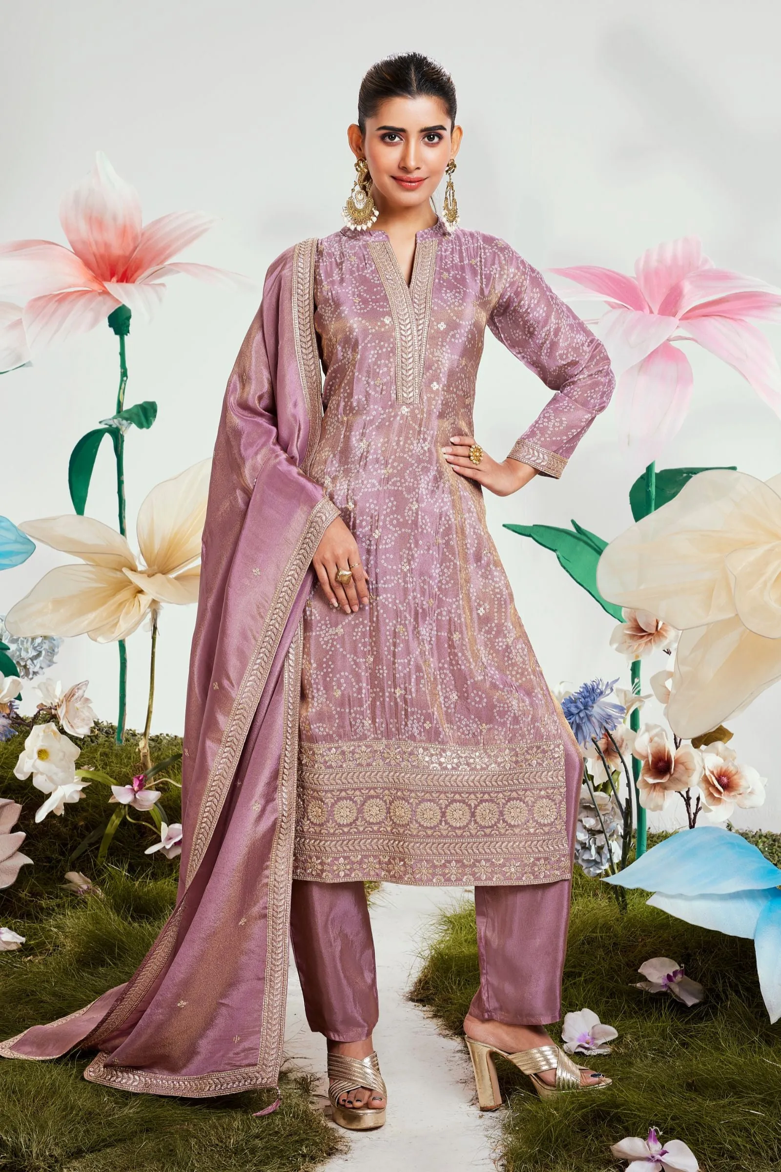 Lilac Sequins and Zari work with Bandini Print Straight Cut Salwar Suit