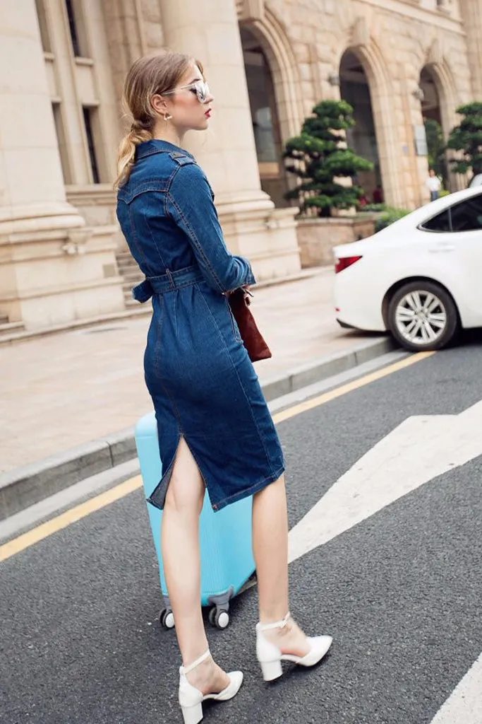 Long Sleeve Button Down Waist Belted Denim Dress