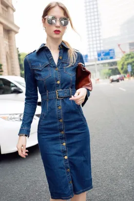 Long Sleeve Button Down Waist Belted Denim Dress