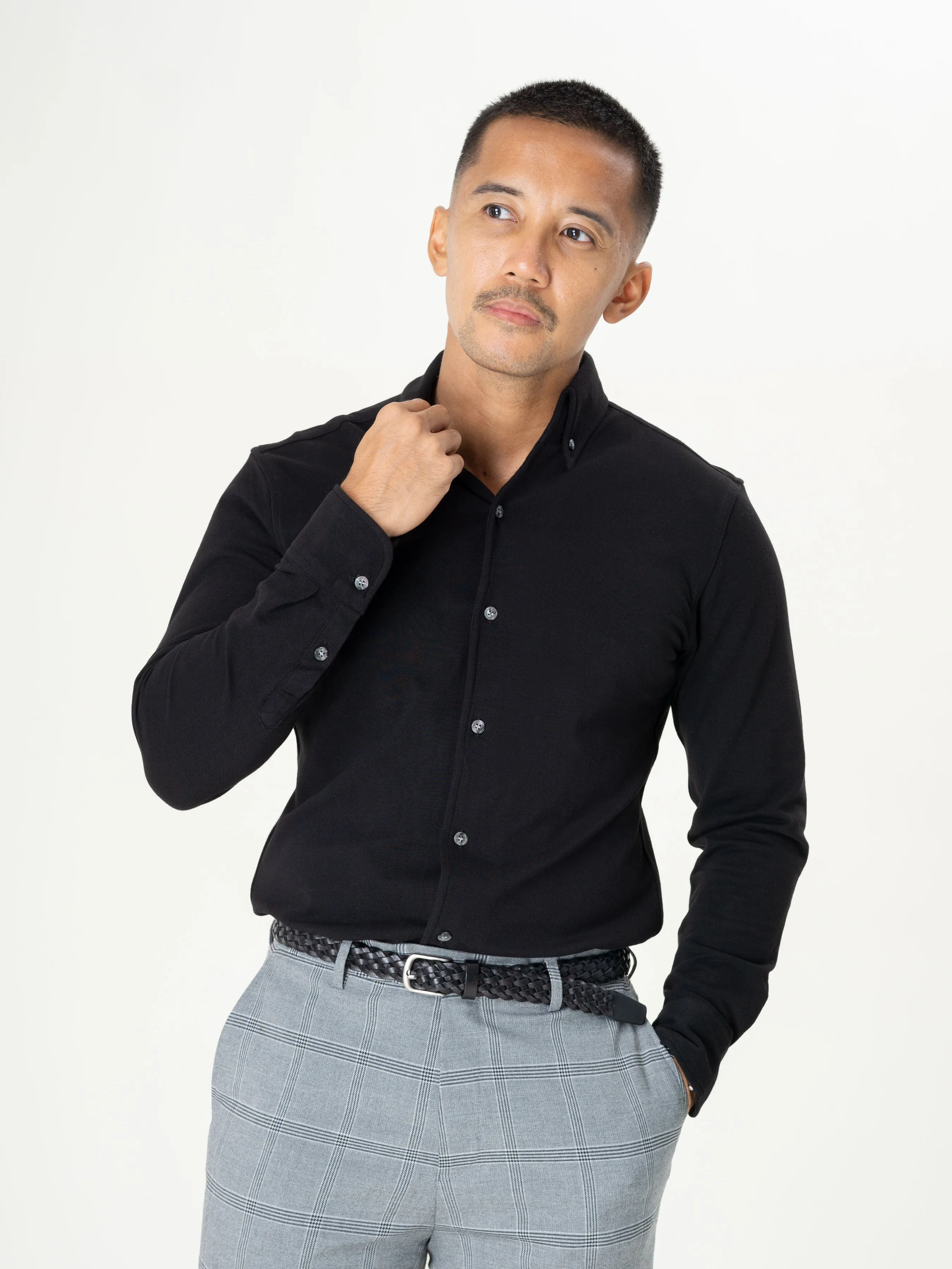 Long Sleeve Polo Shirt - Black Button Down