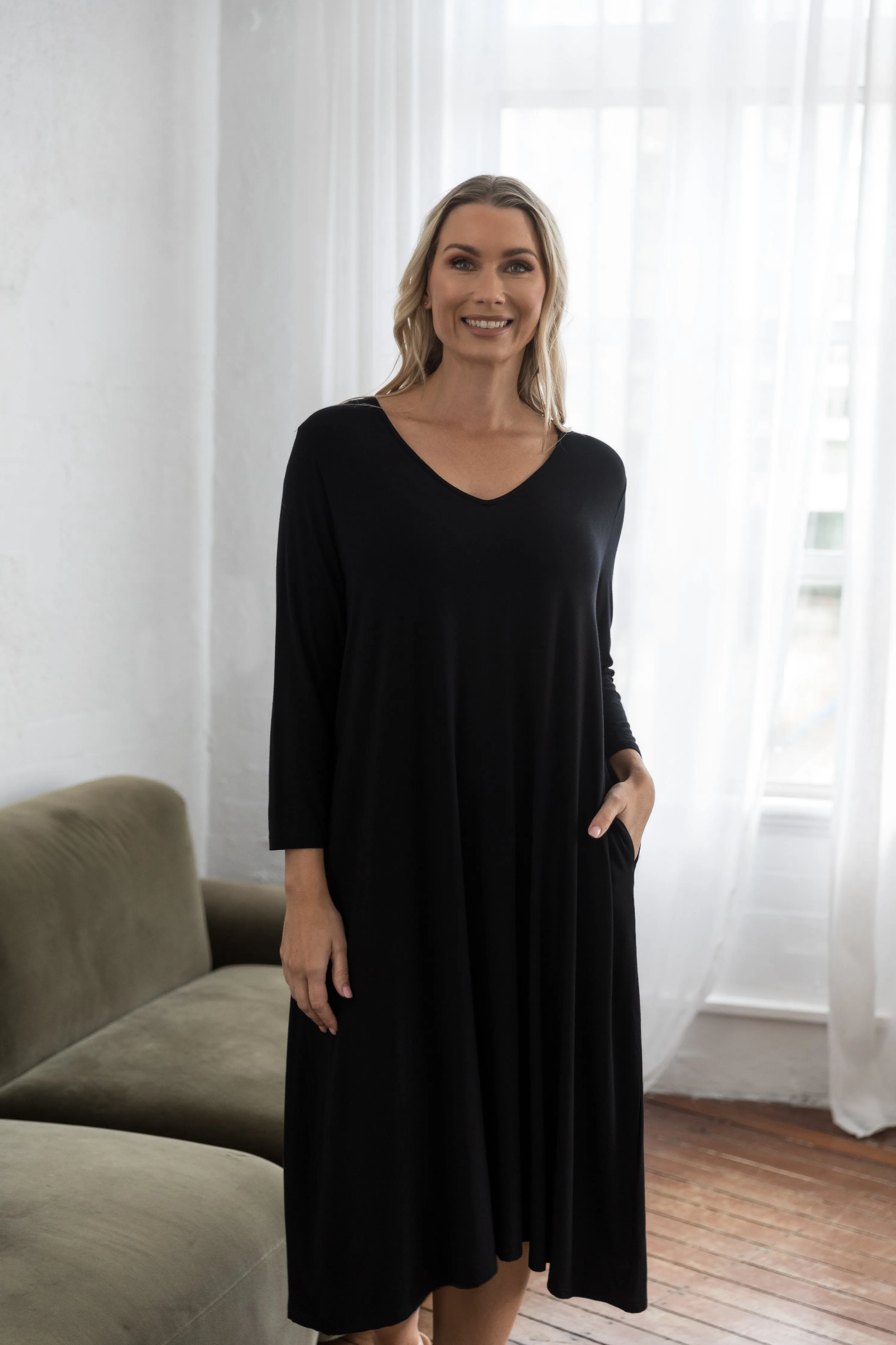 Long Sleeve T-Shirt Dress in Black