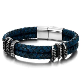 Los Altos Blue Leather Silver Ornament Stainless Steel Bracelet