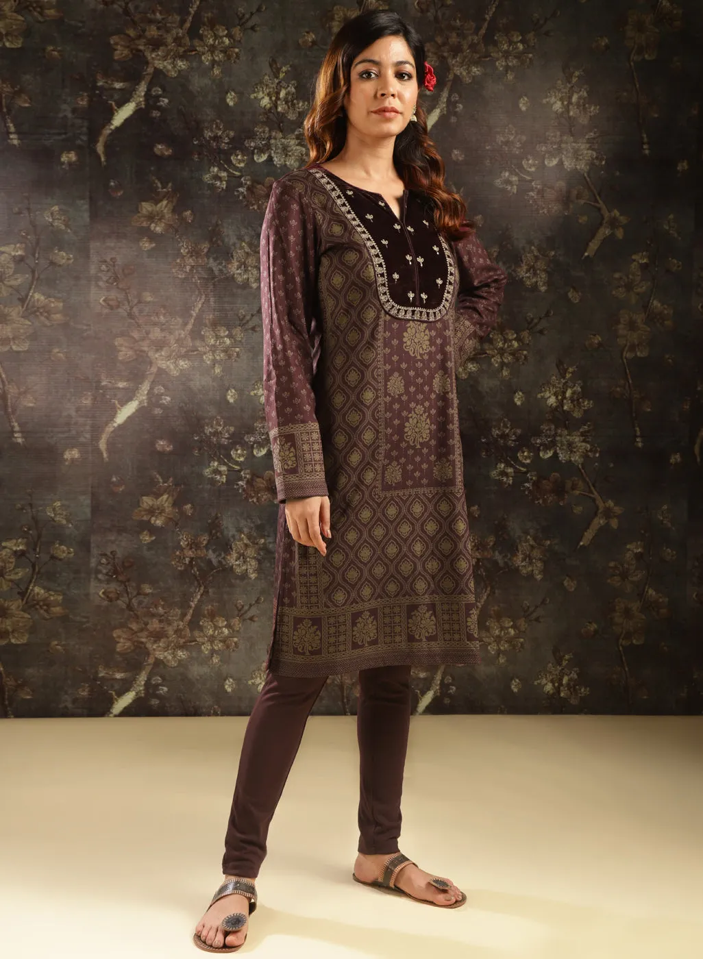 Maroon Printed Woolen Kurta with Velvet Yoke