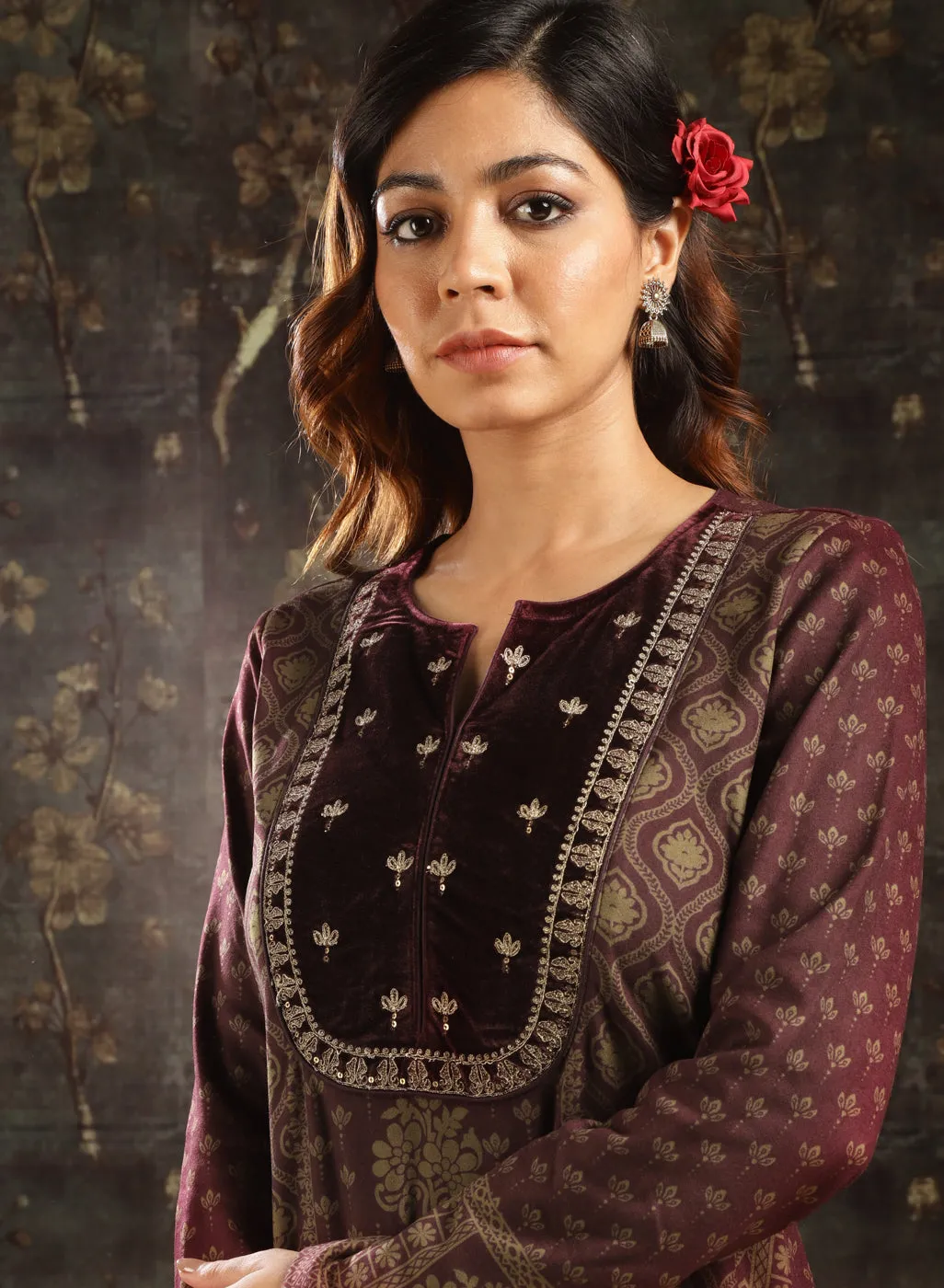 Maroon Printed Woolen Kurta with Velvet Yoke