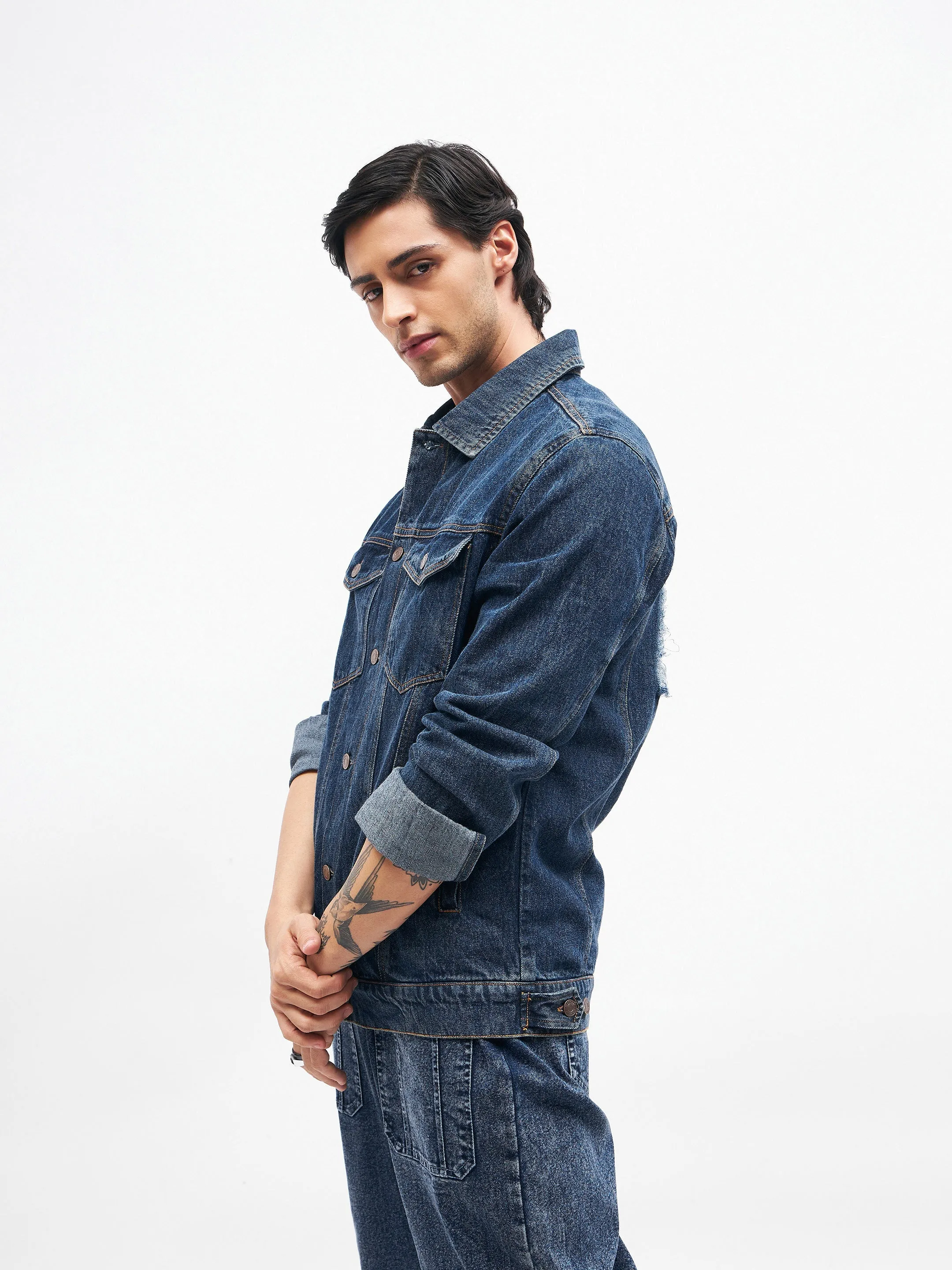 Men Blue Cut-out Distressed Denim Jacket